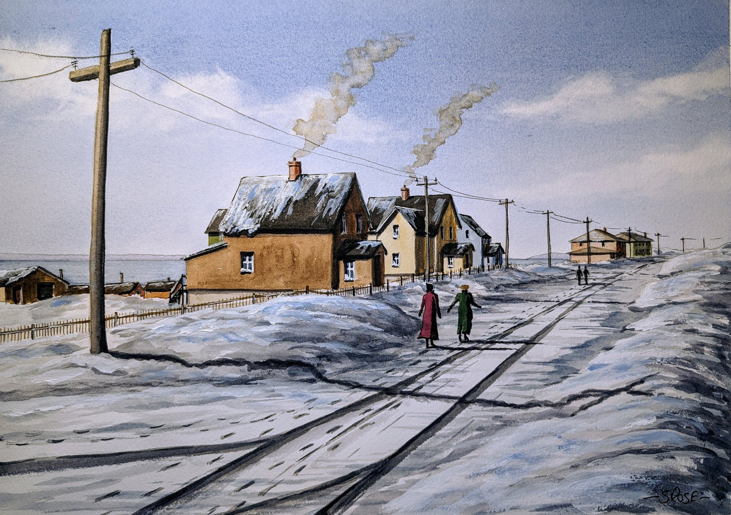Winter Walk on Bennett Street, Bell Island, Newfoundland (watercolour/acrylic painting)