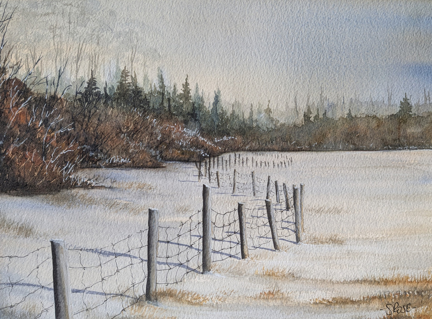 Fence in Winter (watercolour painting)