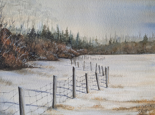 Fence in Winter (watercolour painting)
